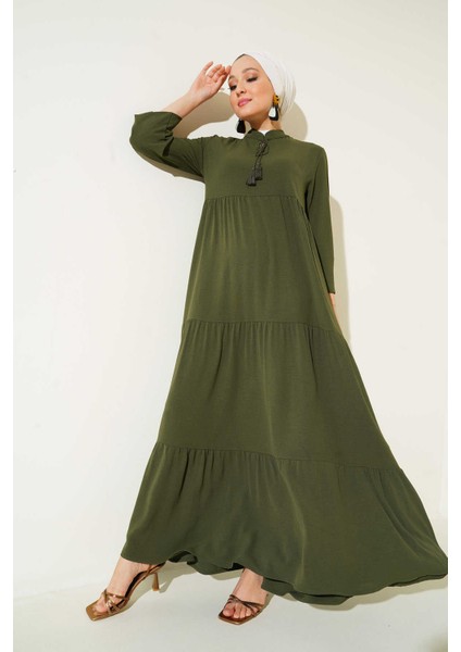 Kadın Yaka Bağcıklı Tesettür Elbise Haki