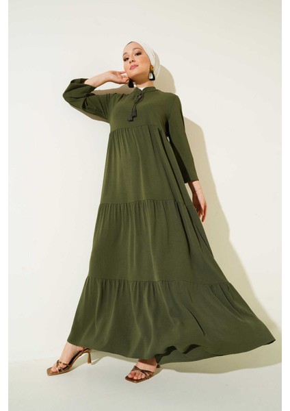 Kadın Yaka Bağcıklı Tesettür Elbise Haki fiyatları