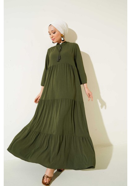 Kadın Yaka Bağcıklı Tesettür Elbise Haki modelleri