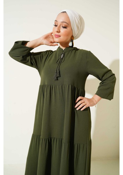Kadın Yaka Bağcıklı Tesettür Elbise Haki indirimleri