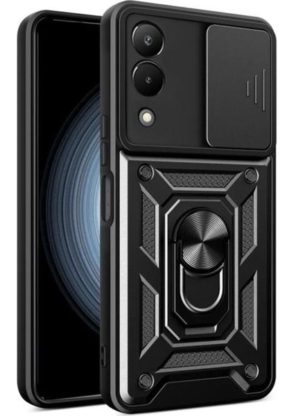 Vivo Y17S Kılıf Tank Aramid Sürgülü Vega Yüzüklü+Nano Siyah