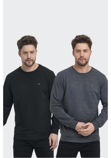 Erkek Siyah-Antrasit Bisiklet Yaka Nakış Detaylı Regular Fit 2'li Sweatshirt MMTLCE70-2