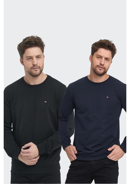 Erkek Siyah-Antrasit Bisiklet Yaka Nakış Detaylı Regular Fit 2'li Sweatshirt MMTLCE70-2