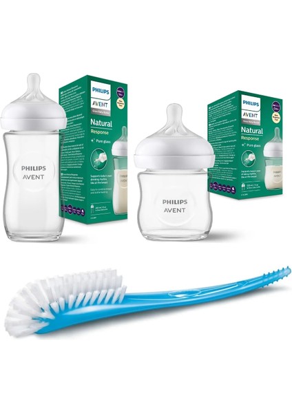 Natural Response Doğal Tepkili Cam Biberon 120ML, 0+ Ay + 240ML, 1+ Ay + Biberon ve Emzik Fırçası
