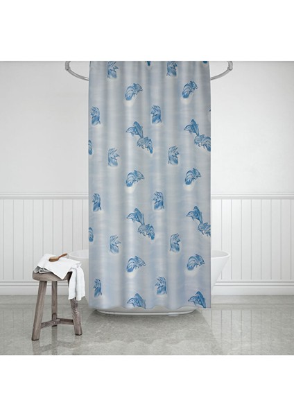 Banyo Perdesi Mavi Yunus Desen Yerli Üretim Duş Perdesi C-Halka Hediye 180X200CM Banyo Perdesi
