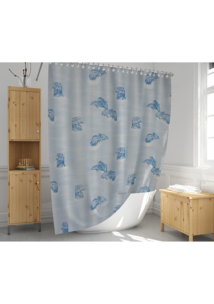 Banyo Perdesi Mavi Yunus Desen Yerli Üretim Duş Perdesi C-Halka Hediye 180X200CM Banyo Perdesi fiyatları