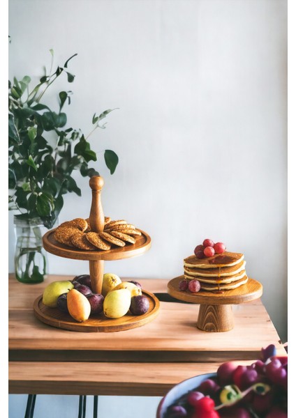 Justwood 2 Li 2 Katlı Kek Stantı ve 20 cm Mini Kurabiye Pasta Sunumluk Seti