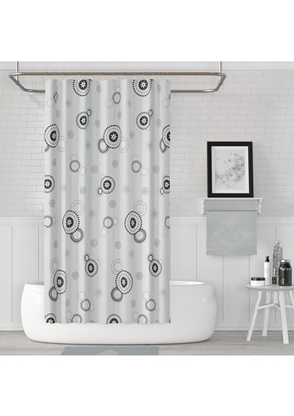 Tropik Home Banyo Perdesi Halkalı Çiçekli Desen Yerli Üretim Duş Perdesi C-Halka Hediye 180X200CM Banyo Perdesi