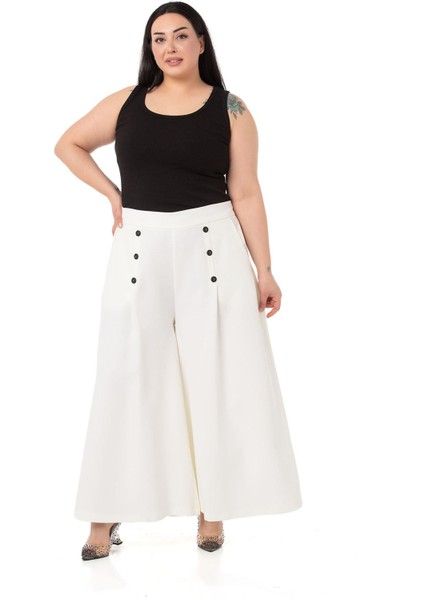 Büyük Beden Düğme Detaylı Geniş Paça Fermuarlı Beyaz Pantolon fiyatları