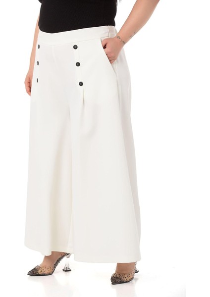 Büyük Beden Düğme Detaylı Geniş Paça Fermuarlı Beyaz Pantolon indirimleri