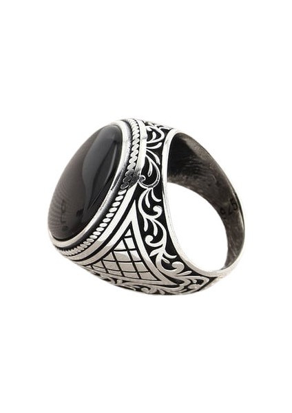 Erkek Yüzük Gümüş 925 Ayar Otantik Motifli Oval Zirkon Taşlı