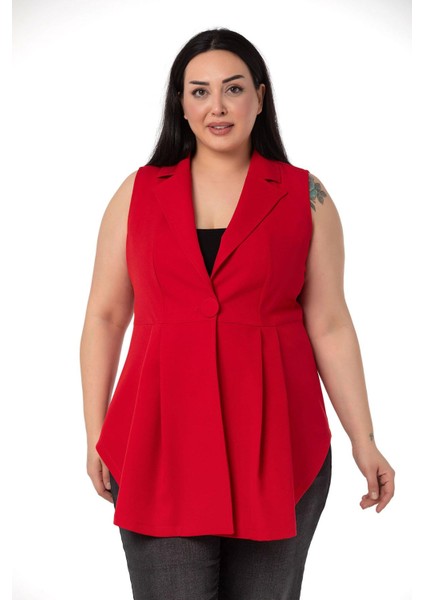 Büyük Beden Kaplama Düğmeli Eteği Pileli Arkası Kısa Kırmızı Yelek fiyatları