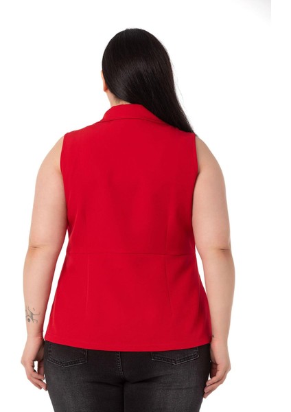 Büyük Beden Kaplama Düğmeli Eteği Pileli Arkası Kısa Kırmızı Yelek modelleri