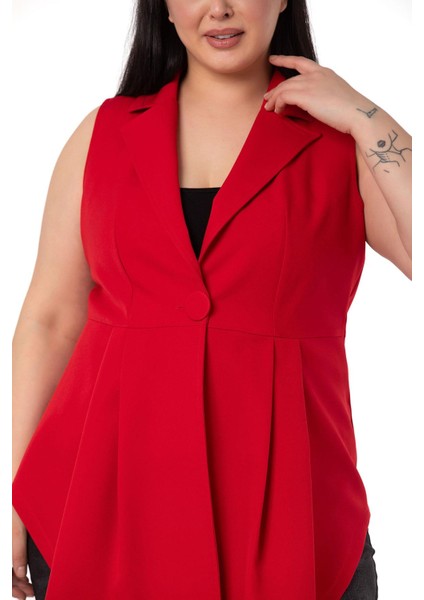 Büyük Beden Kaplama Düğmeli Eteği Pileli Arkası Kısa Kırmızı Yelek fırsatları