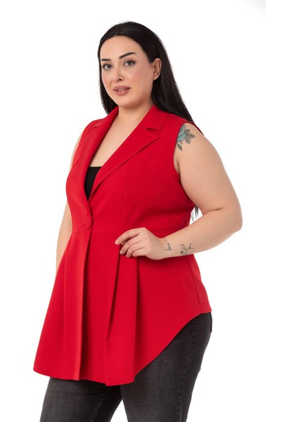 Büyük Beden Kaplama Düğmeli Eteği Pileli Arkası Kısa Kırmızı Yelek indirimleri