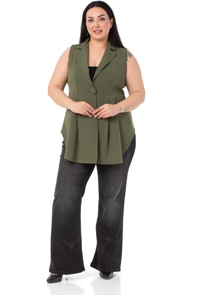 Büyük Beden Kaplama Düğmeli Eteği Pileli Arkası Kısa Haki Yelek