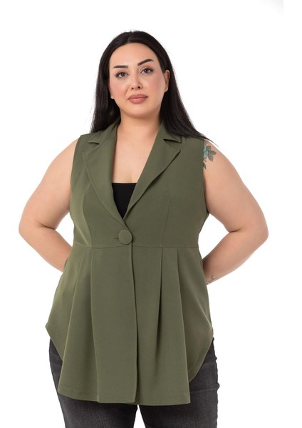 Büyük Beden Kaplama Düğmeli Eteği Pileli Arkası Kısa Haki Yelek fiyatları