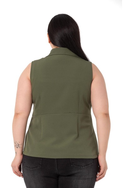 Büyük Beden Kaplama Düğmeli Eteği Pileli Arkası Kısa Haki Yelek modelleri