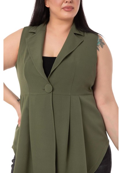 Büyük Beden Kaplama Düğmeli Eteği Pileli Arkası Kısa Haki Yelek fırsatları