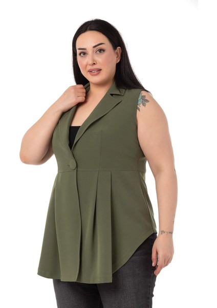 Büyük Beden Kaplama Düğmeli Eteği Pileli Arkası Kısa Haki Yelek indirimleri