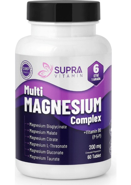 Supra Vitamin Multi Magnesium Complex- 6'lı Kompleks + Klinik Onaylı Magnezyum Albion Traacs® & Magnesia®, Bisglisinat + Sitrat + Malat + L-Threonat + Glukonat & Taurat + Vitamin B6 (P5P)-60 Tablet