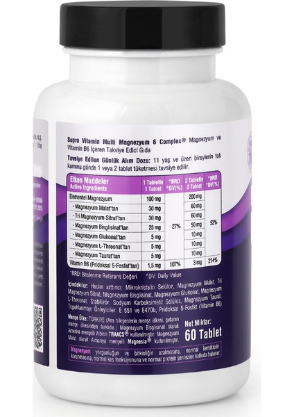 Supra Vitamin Multi Magnesium Complex- 6'lı Kompleks + Klinik Onaylı Magnezyum Albion Traacs® & Magnesia®, Bisglisinat + Sitrat + Malat + L-Threonat + Glukonat & Taurat + Vitamin B6 (P5P)-60 Tablet