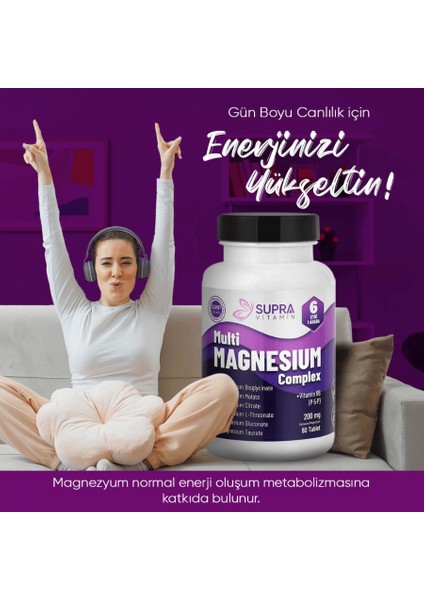 Supra Vitamin Multi Magnesium Complex- 6'lı Kompleks + Klinik Onaylı Magnezyum Albion Traacs® & Magnesia®, Bisglisinat + Sitrat + Malat + L-Threonat + Glukonat & Taurat + Vitamin B6 (P5P)-60 Tablet
