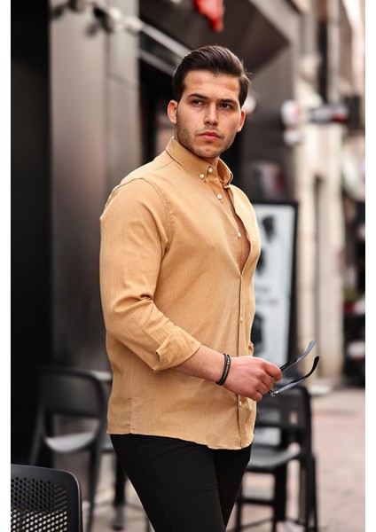 Krinkıl Pamuklu Keten Gömlek - Bej modelleri