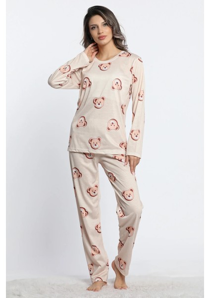 Kadın Bisiklet Yaka Uzun Kol Ayıcıklı Pijama Takımı Lukitus modelleri