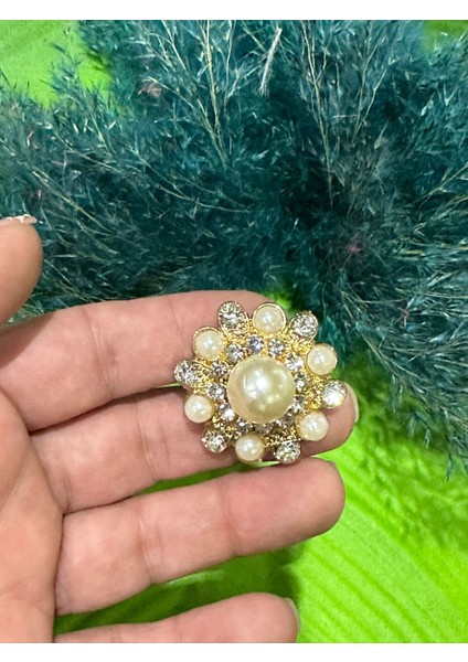 4 cm Zirkon Taş ve Inci Işleme Broş Yaka Iğnesi Türban Iğnesi