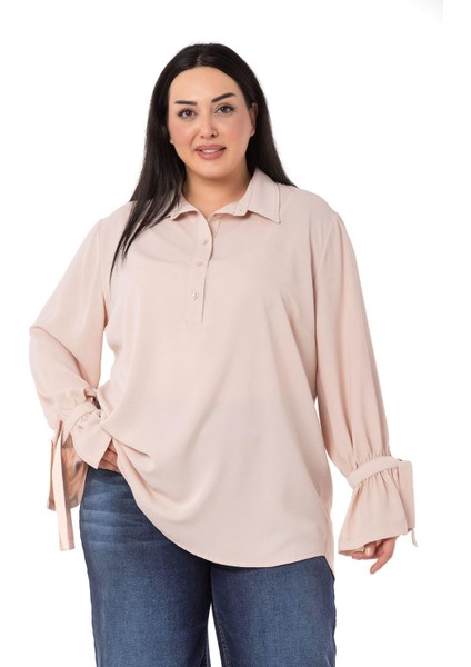 Büyük Beden Kolları Bağlama Detaylı Bej Rengi Gömlek