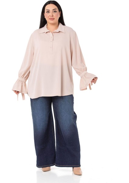 Büyük Beden Kolları Bağlama Detaylı Bej Rengi Gömlek fiyatları