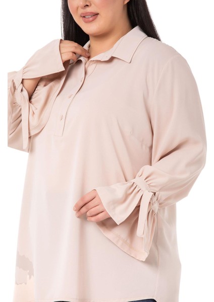 Büyük Beden Kolları Bağlama Detaylı Bej Rengi Gömlek fırsatları