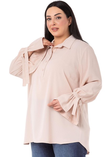 Büyük Beden Kolları Bağlama Detaylı Bej Rengi Gömlek indirimleri