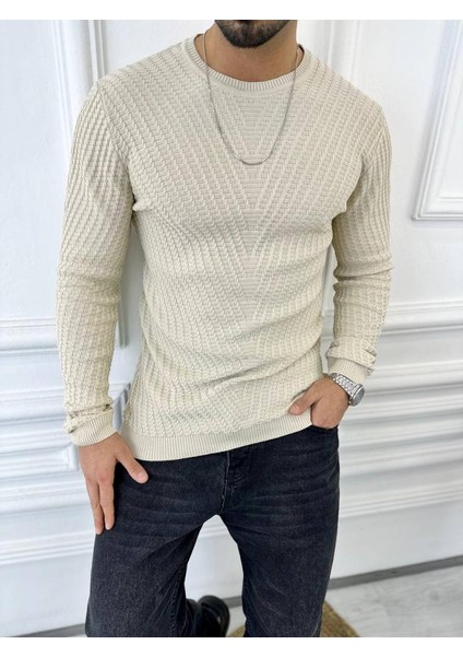 Kazak Slim Fit Tüylenmez Naturel Pamuk Triko Kazak