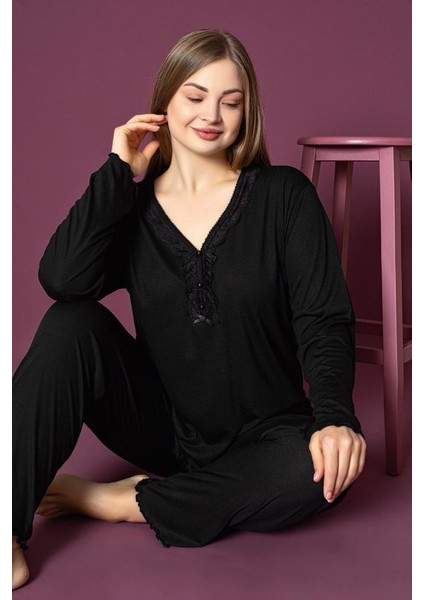 Büyük Beden Uzun Kollu V Yaka Kadın Pijama Takımı Lukitus