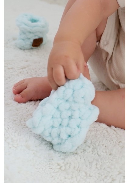 Tosbiq Baby Bebek Yenidoğan Ayakkabısı 0-3M Su Yeşil Fiyonklu Beyaz Unisex Şirin Patik Puffy Alize İp Organik Sertifika