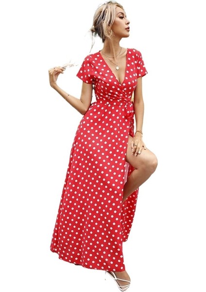 Beli Kısa Kol Puantiyeli Yırtmaçlı Elbise (Yurt Dışından) modelleri