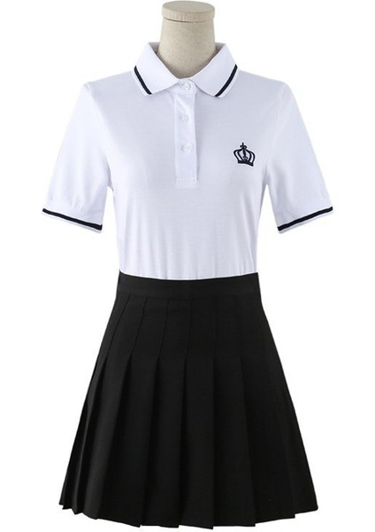 Saf Pamuk Yaz Kız Öğrenci Anaokulu Öğretmen Kolej Rüzgar Sporları Kısa Kollu Polo Gömlek Anti-Işık Etek Takım Elbise T-Shirt (Yurt Dışından)