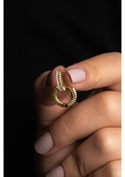 Baget Taşlı Gold Bayan Küpe 925 Ayar Gümüş