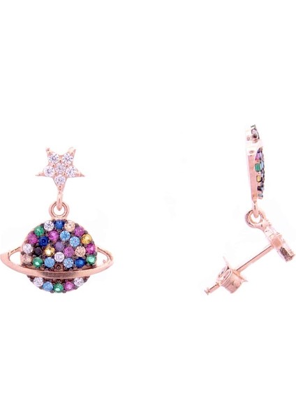 Çok Renkli Gezegen 925 Ayar Gümüş Rose Zirkon Taşlı Kadın Küpe