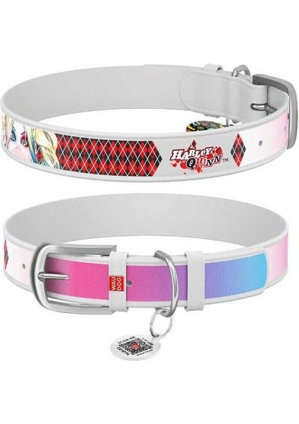 Waudog Collar Qr Pasaportlu Deri Köpek Boyun Tasması Beyaz Harley Quinn Desenli W 112 mm L 18 x 24 cm