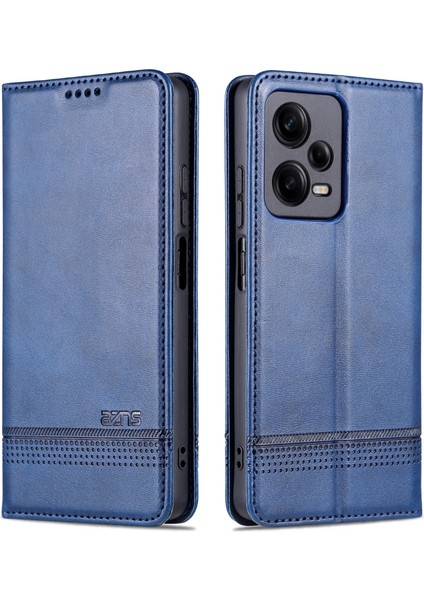 Xiaomi Redmi Için Note 12 Pro+ 5g Cowhide Doku Pu Deri Deri Kılıf Manyetik Otomatik Absorbed Stand Cüzdan Telefon Kapağı-Mavi (Yurt Dışından)