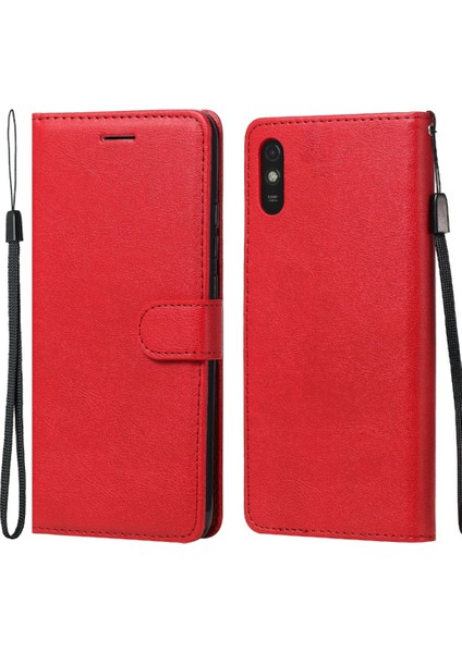 Pu Deri Düz Renkli Telefon Kasası Cüzdan Standı Kapağı Xiaomi Redmi 9A-KIRMIZI Için Kayış (Yurt Dışından)