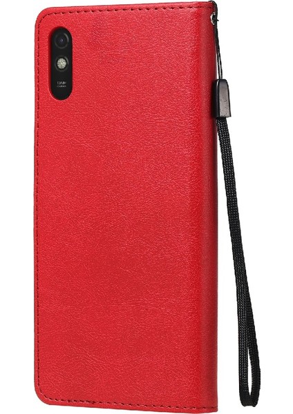 Pu Deri Düz Renkli Telefon Kasası Cüzdan Standı Kapağı Xiaomi Redmi 9A-KIRMIZI Için Kayış (Yurt Dışından) modelleri