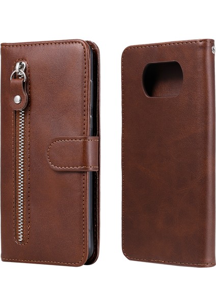 Xiaomi Poco X3/poco X3 Nfc-Brown Için Fermuar Cep Deri Cüzdan Standı Çantası (Yurt Dışından)