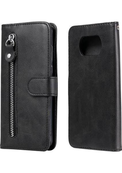 Xiaomi Poco X3/poco X3 Nfc-Black Için Fermuarı Cep Deri Cüzdan Stand Kılıfı (Yurt Dışından)