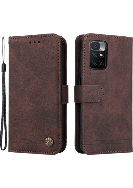 Anti-Drop Pu Deri Cüzdan Stand Kapak Telefon Kılıfı Xiaomi Redmi Için Ağaç Desen Metal Düğmesi Dekor Not 11 4g (Mediatek)/10 4g (2021)/10 2022 4g/10 Prime-Brown (Yurt Dışından)