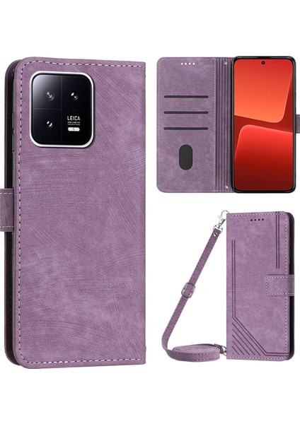 Xiaomi 13 Pro 5g Cilt Touch Cüzdan Telefon Kılıfı Pu Deri Stand Çizgileri Baskılı Flip Kapak-Mor (Yurt Dışından)