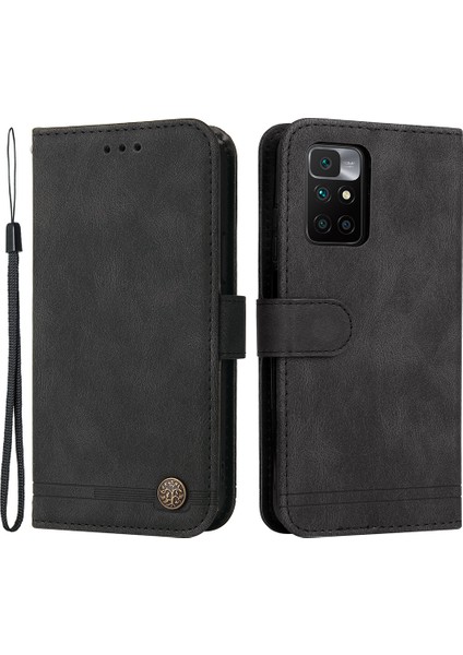 Anti Drop Pu Deri Cüzdan Stand Kapak Telefon Kılıfı Xiaomi Için Redmi Için Ağaç Desen Metal Düğmesi Dekoru Not 11 4g (Mediatek)/10 4g (2021)/10 2022 4g/10 Prime-Black (Yurt Dışından)